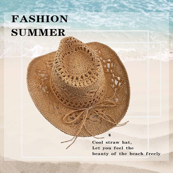 Women's Brown Straw Sparkly Western Cowgirl Hat Foldable Vacation Beach Sun Hat - Picture 3 of 6